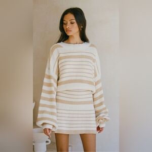 Elegant Beige and Cream Striped Sweater Dress